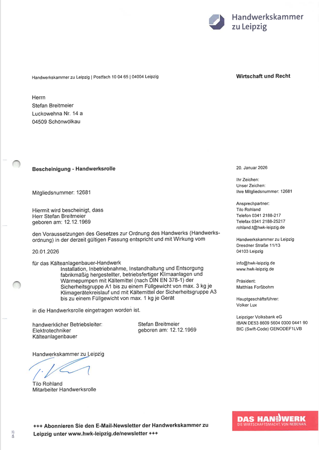 Kälteanlagenbauer Bescheinigung