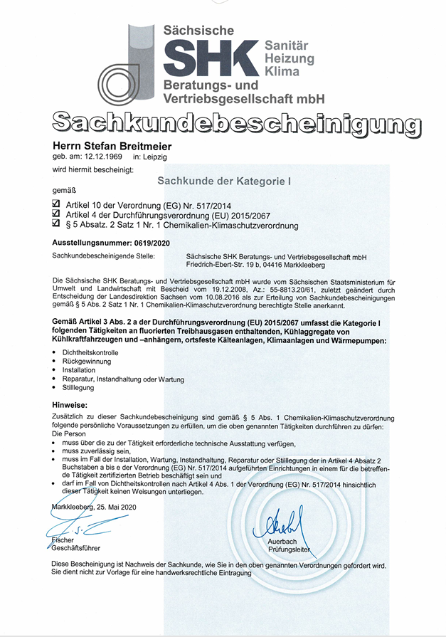 SHK Sachkundebescheinigung